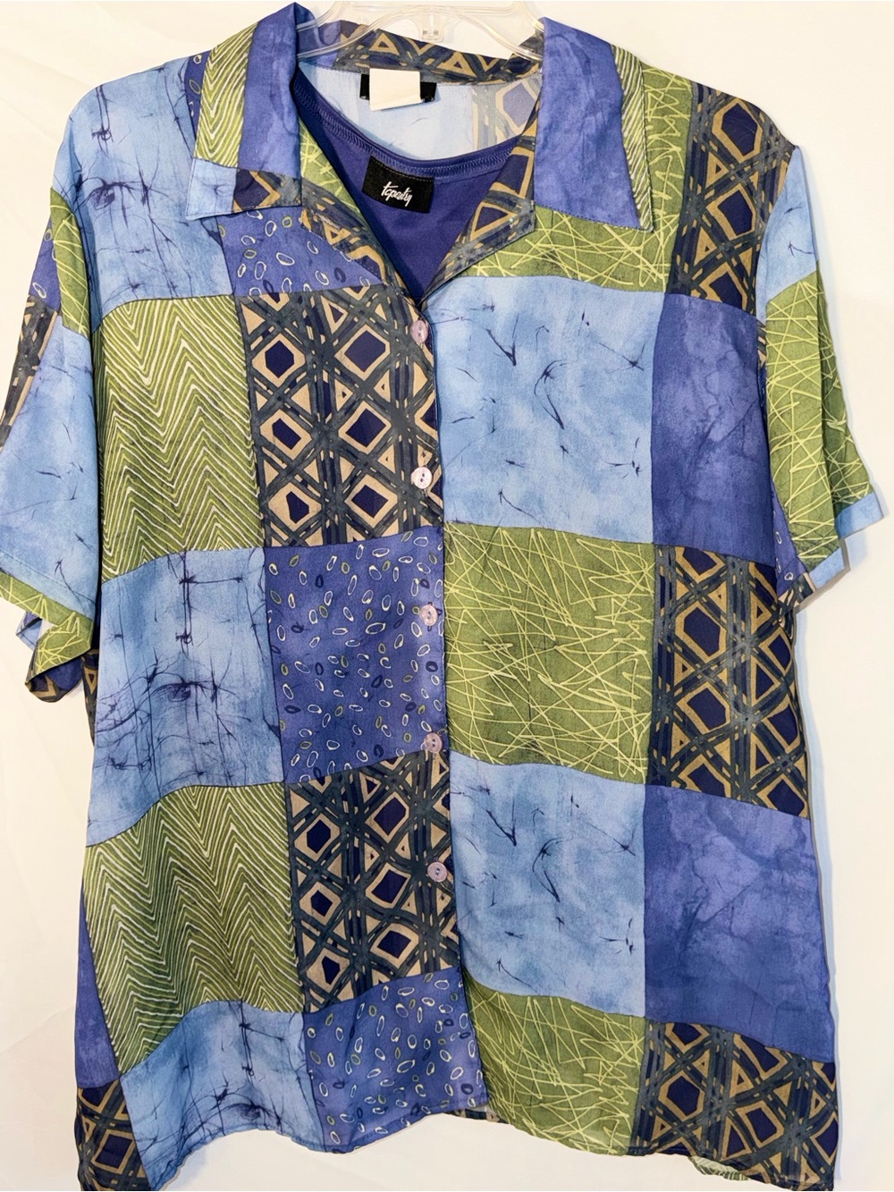 VTG Tapestry abstract, multi-patterned patchwork design button down